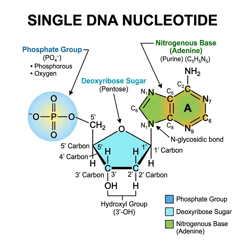 Structure of a DNA nucleotide showing phosphate, deoxyribose sugar, and nitrogenous base