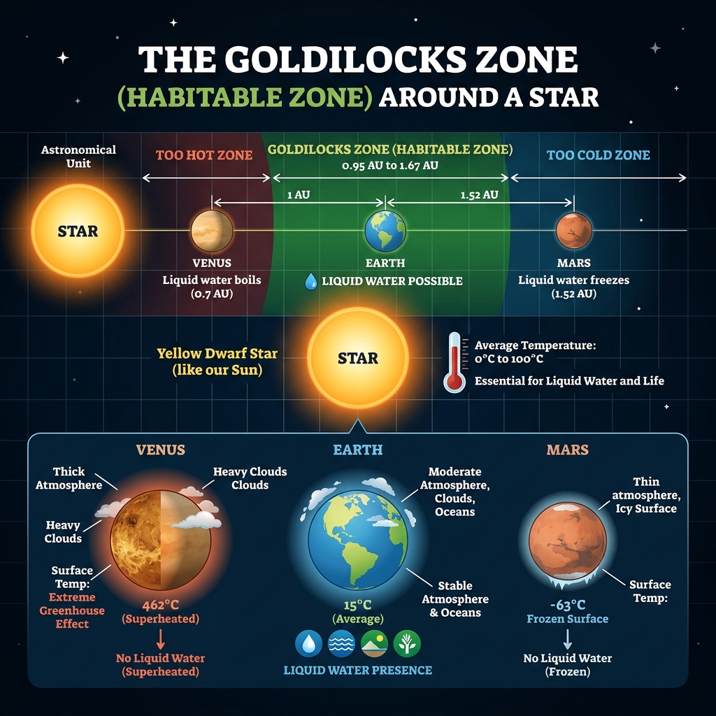 Diagram showing the Goldilocks Habitable Zone around a star