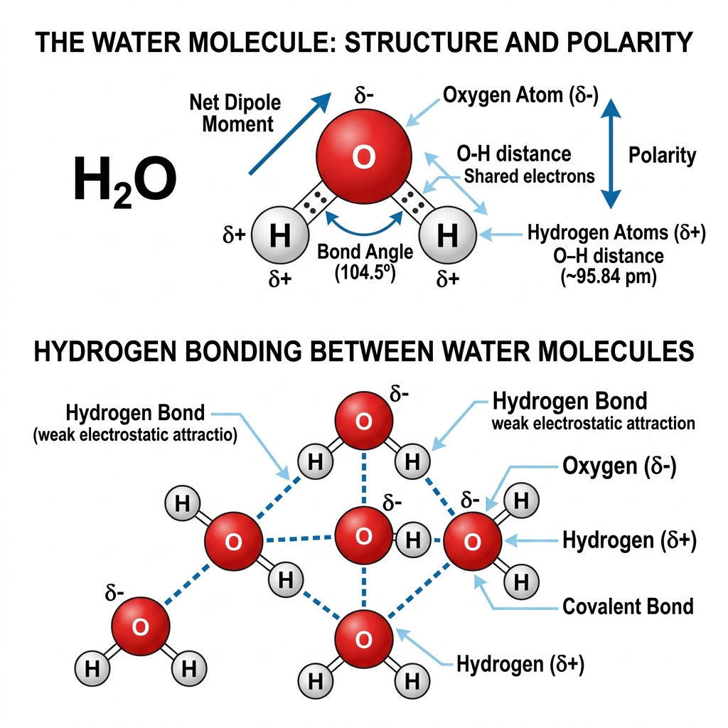 Water Molecule Polarity and Hydrogen Bonding Diagram