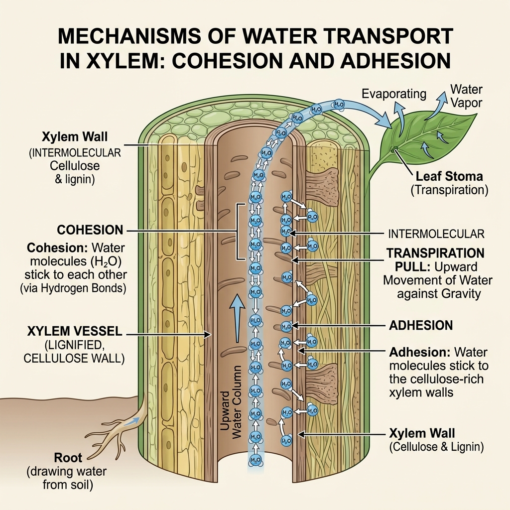 Diagram showing Cohesion and Adhesion in a plant xylem