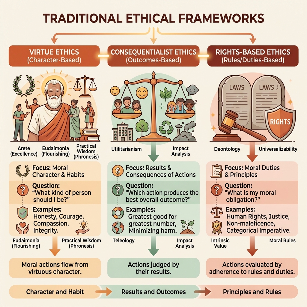 Virtue, Consequentialist, and Rights-Based Ethics Diagram