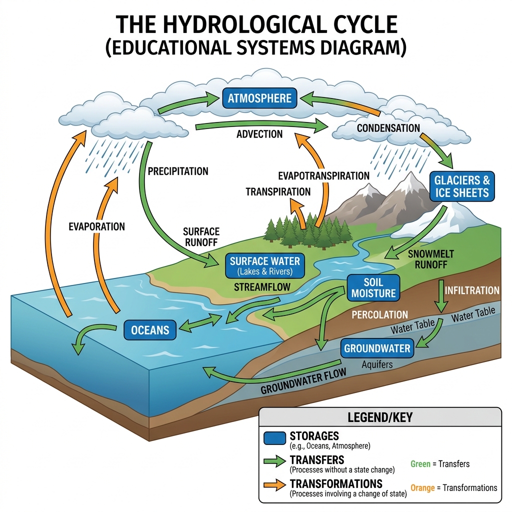 Global Hydrological Cycle System Stores and Flows Diagram