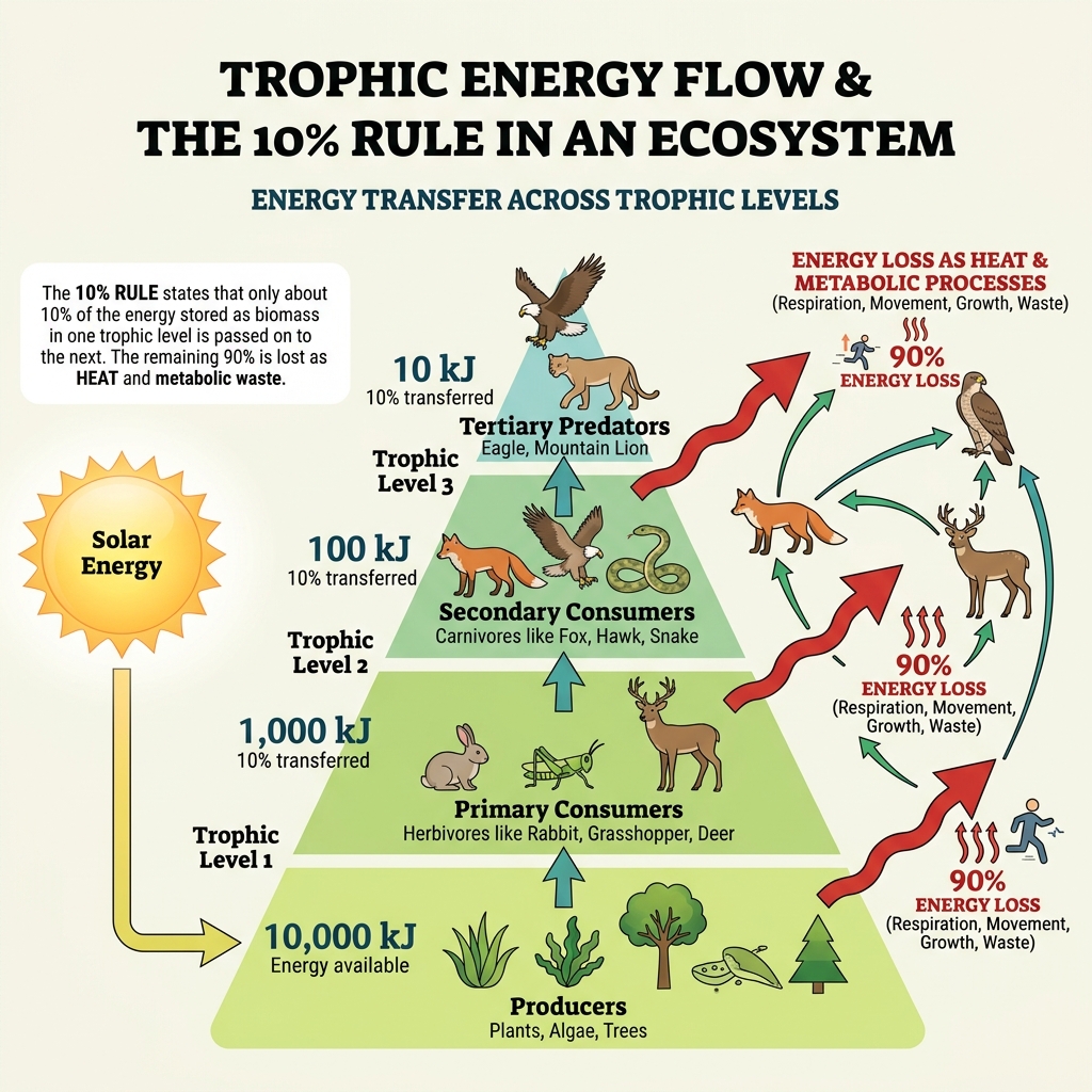 Trophic Energy Flow & 10% Rule Pyramid