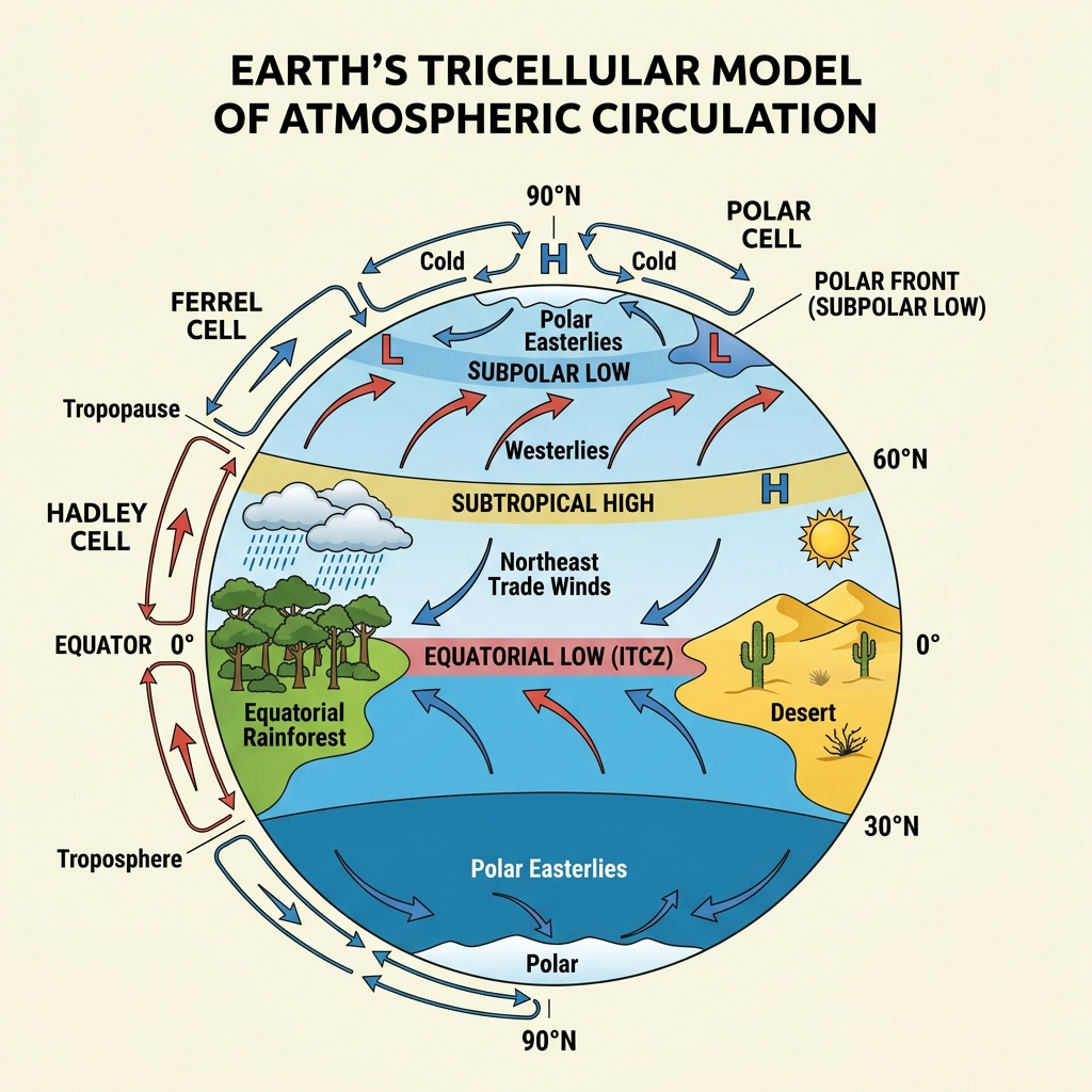 Earth's Tricellular Model of Atmospheric Circulation