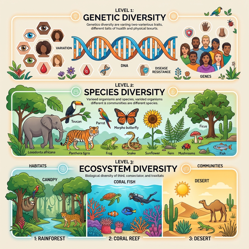 Three Levels of Biodiversity: Genetic, Species, and Ecosystem