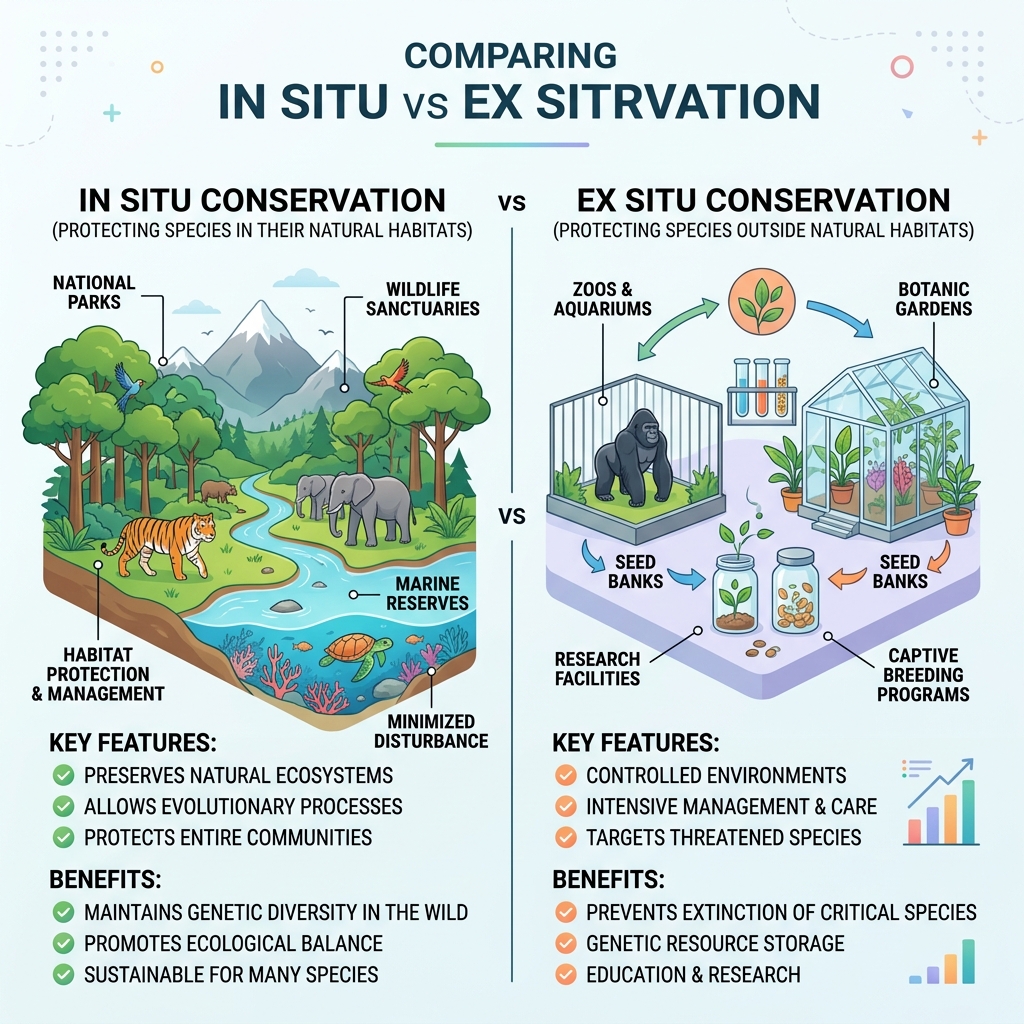In Situ vs Ex Situ Conservation Comparison Diagram