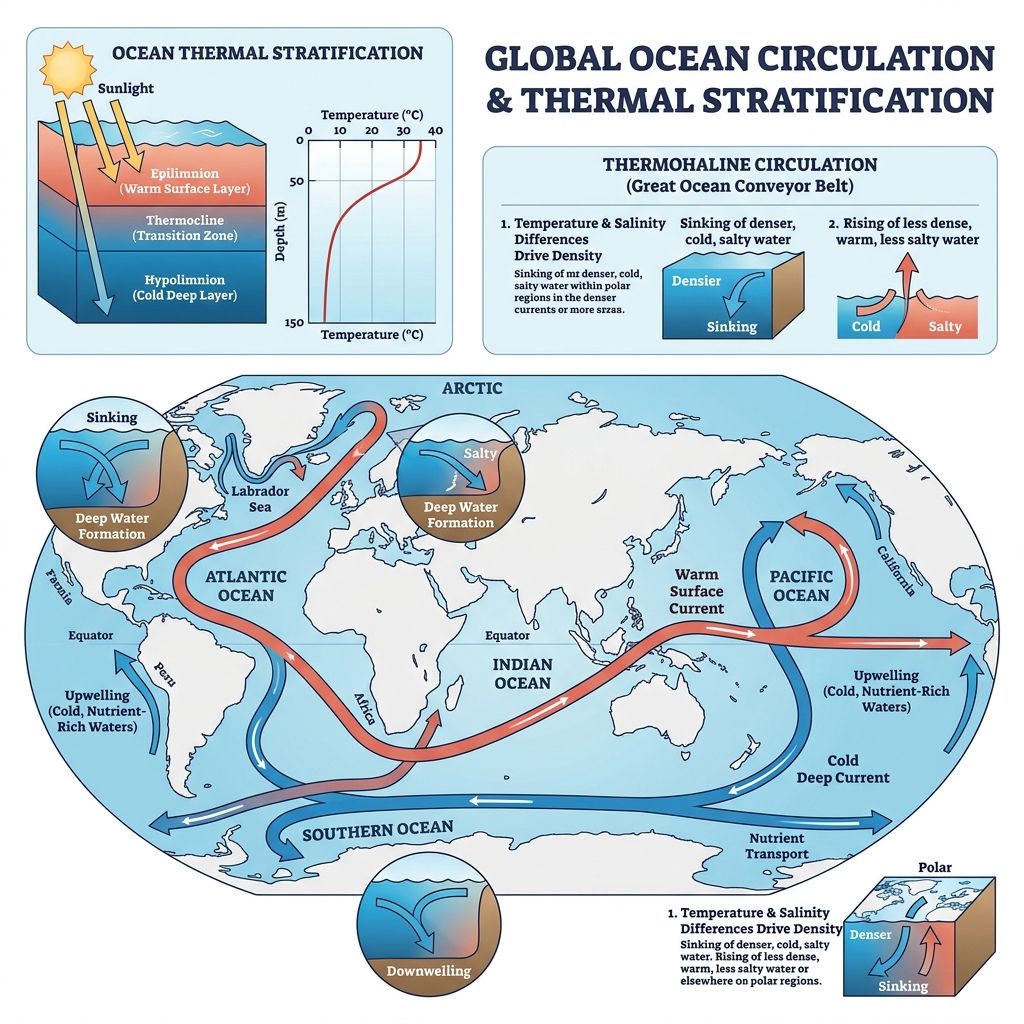 Ocean Thermal Stratification and Thermohaline Circulation Diagram