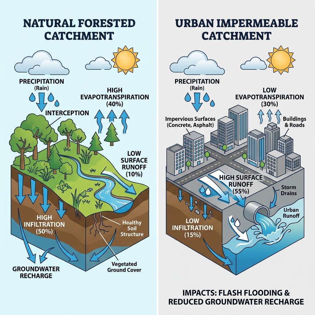 Natural vs Urban Catchment Water Balance Comparison Diagram