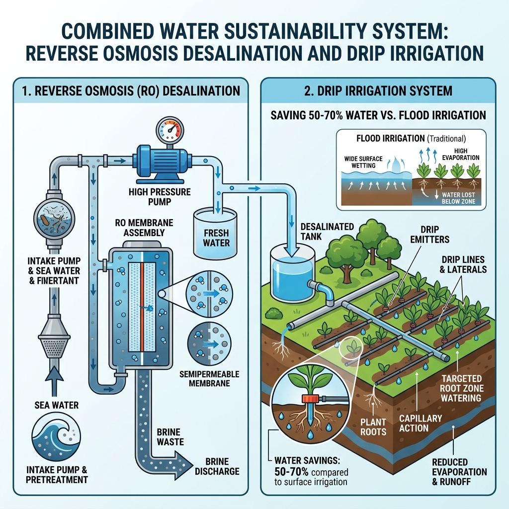 Reverse Osmosis Desalination and Drip Irrigation System Diagram