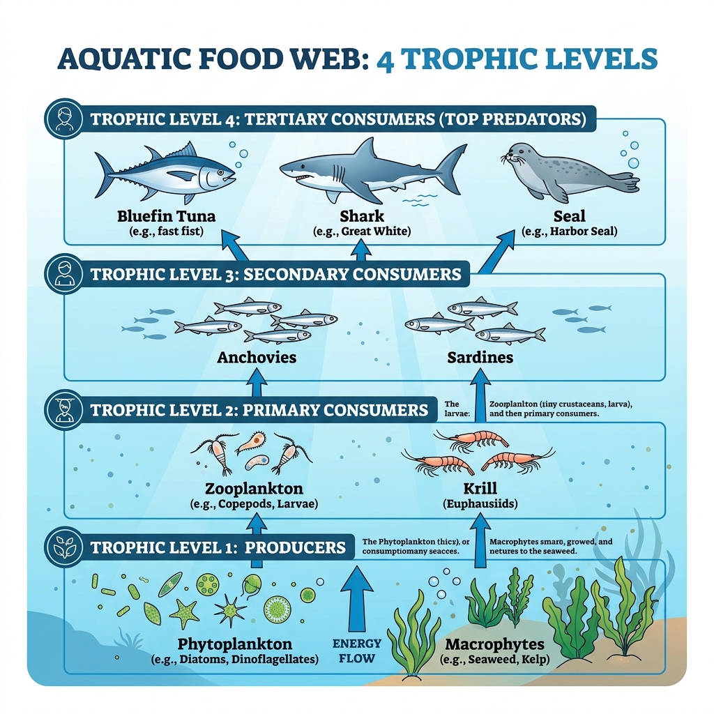 Aquatic Food Web 4 Trophic Levels Diagram