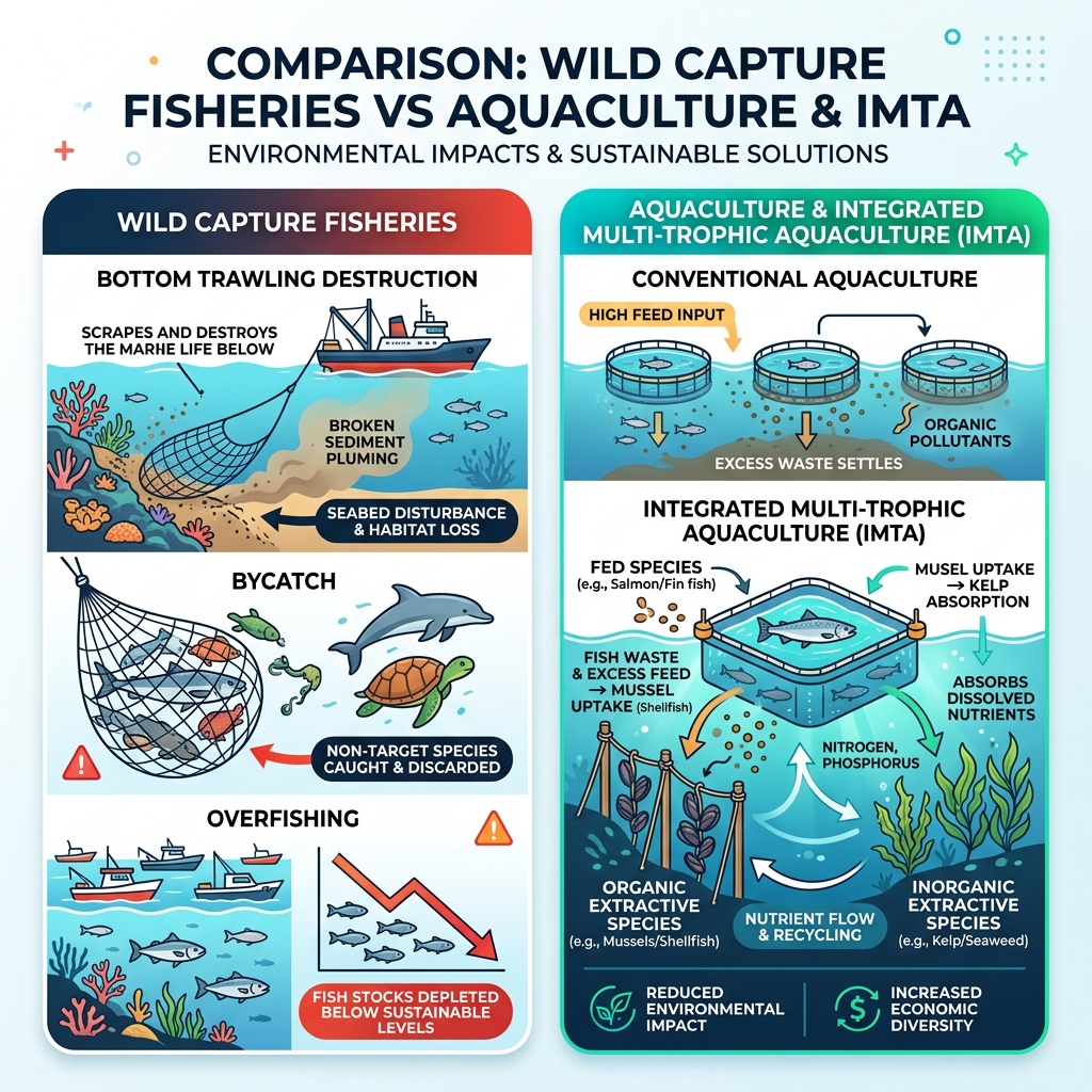 Wild Capture Fisheries vs Aquaculture Environmental Comparison Diagram