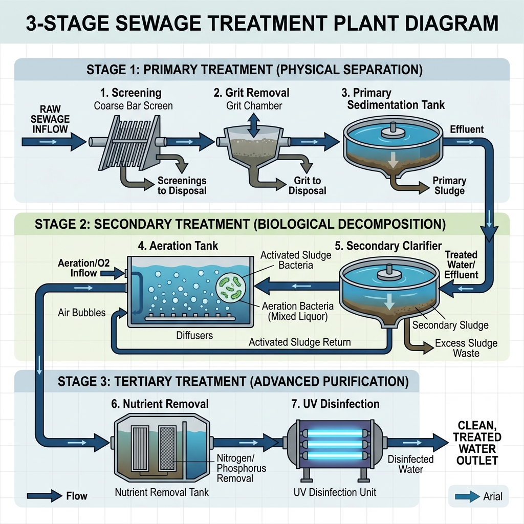 3-Stage Sewage Treatment Plant Process Diagram
