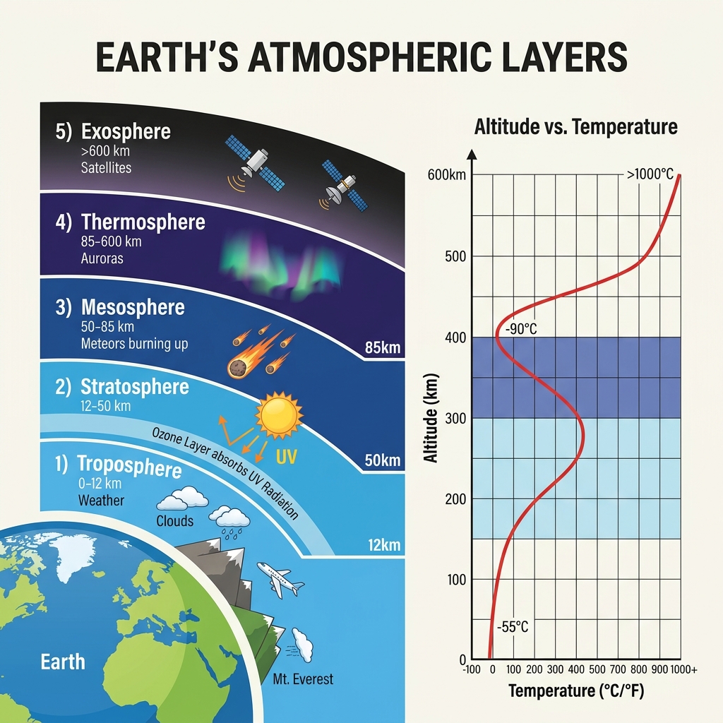 Earth's Atmospheric Layers and Altitude vs Temperature Profile Diagram
