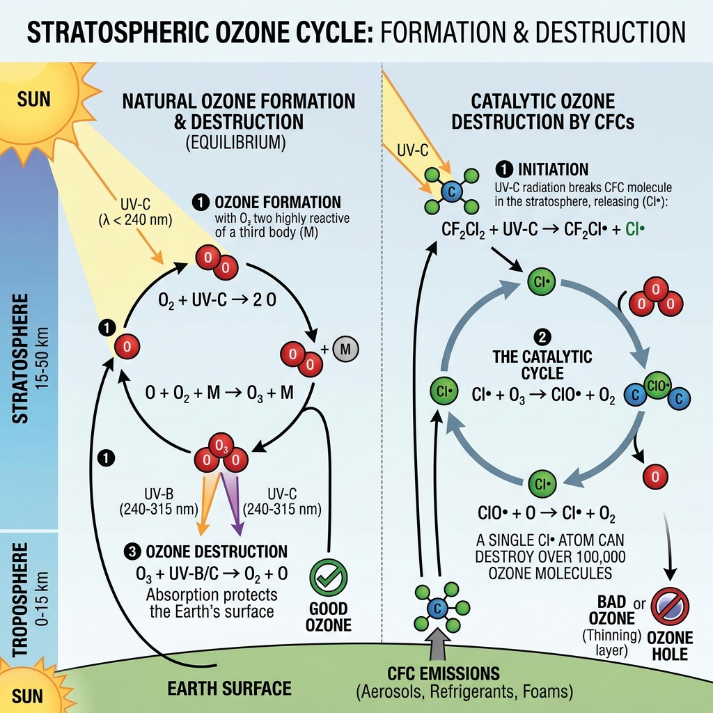 Stratospheric Ozone Cycle Formation and CFC Catalytic Destruction Diagram