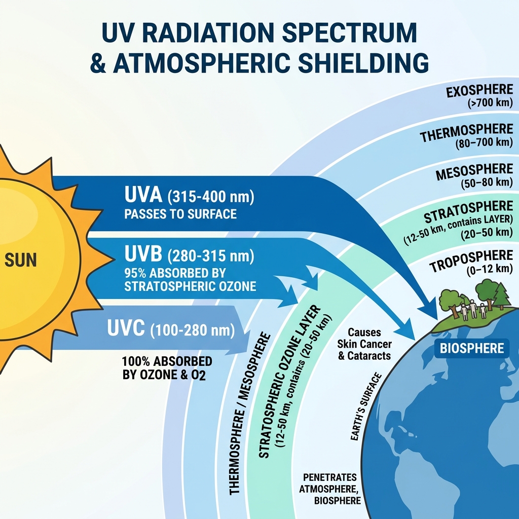 UV Radiation Spectrum and Atmospheric Shielding Diagram
